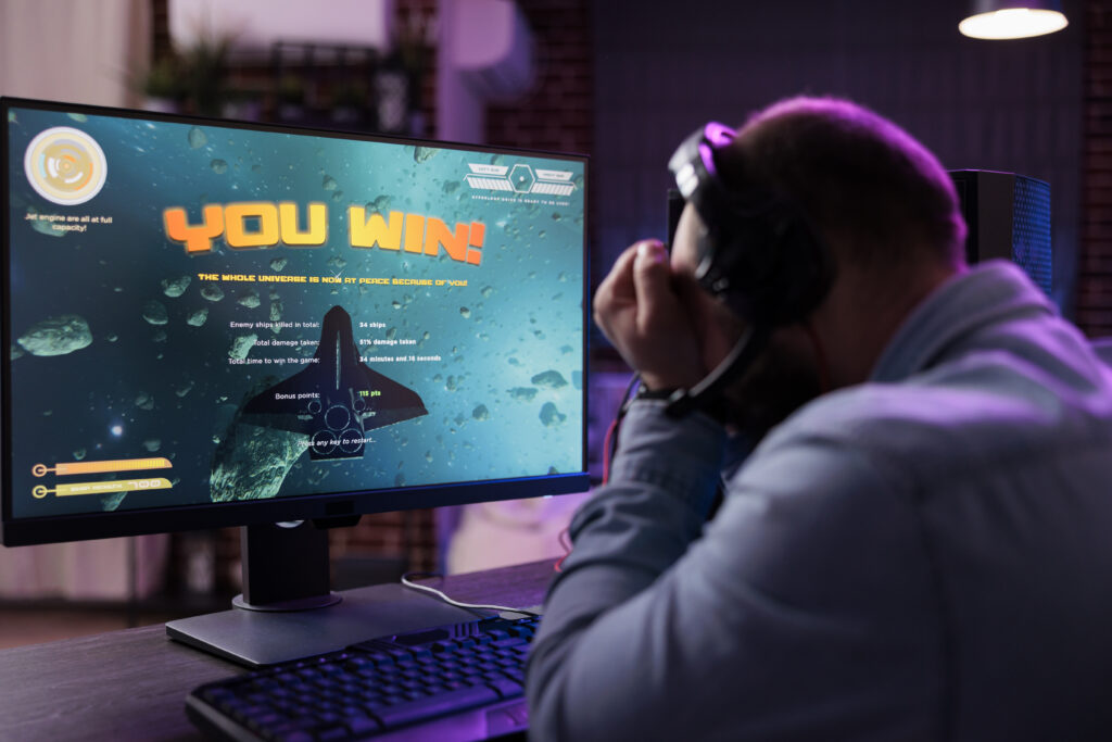 Young streamer winning shooting video games tournament